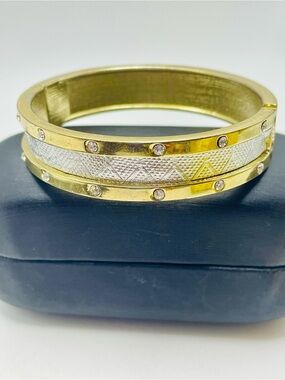 Gold & Silver Two-Tone Crystal Accent & Textured Pattern Bangle Bracelet. 7 inch